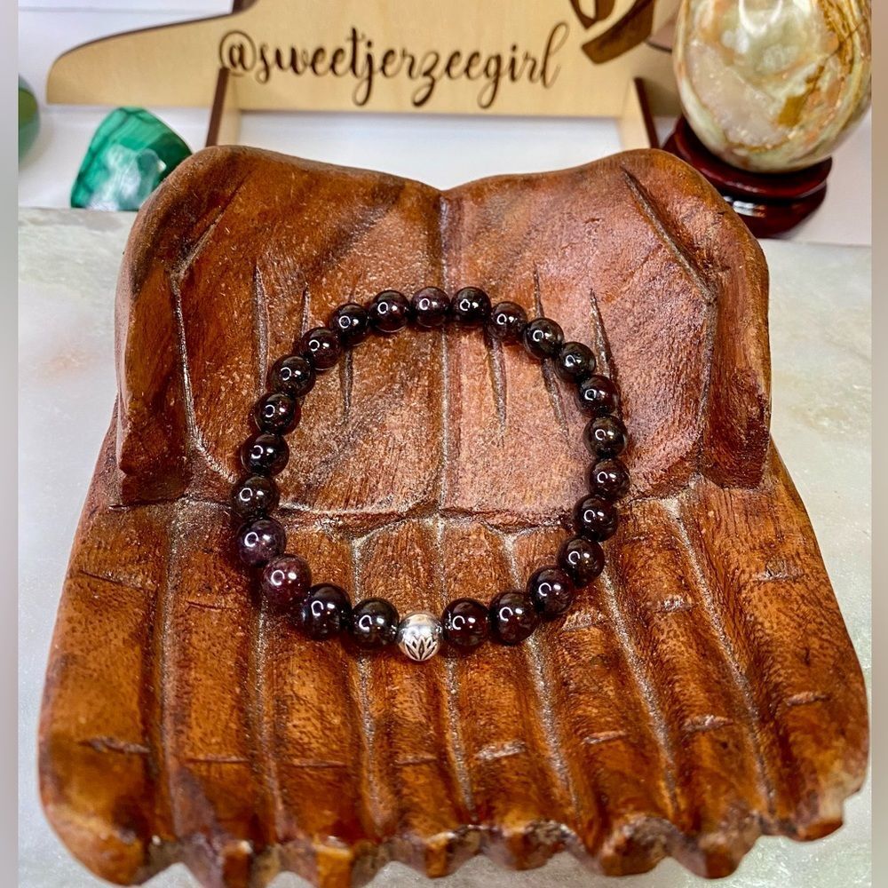 Genuine Dark Red Garnet Lotus Charm Stretch Bracelet Stone of Passion & Devotion